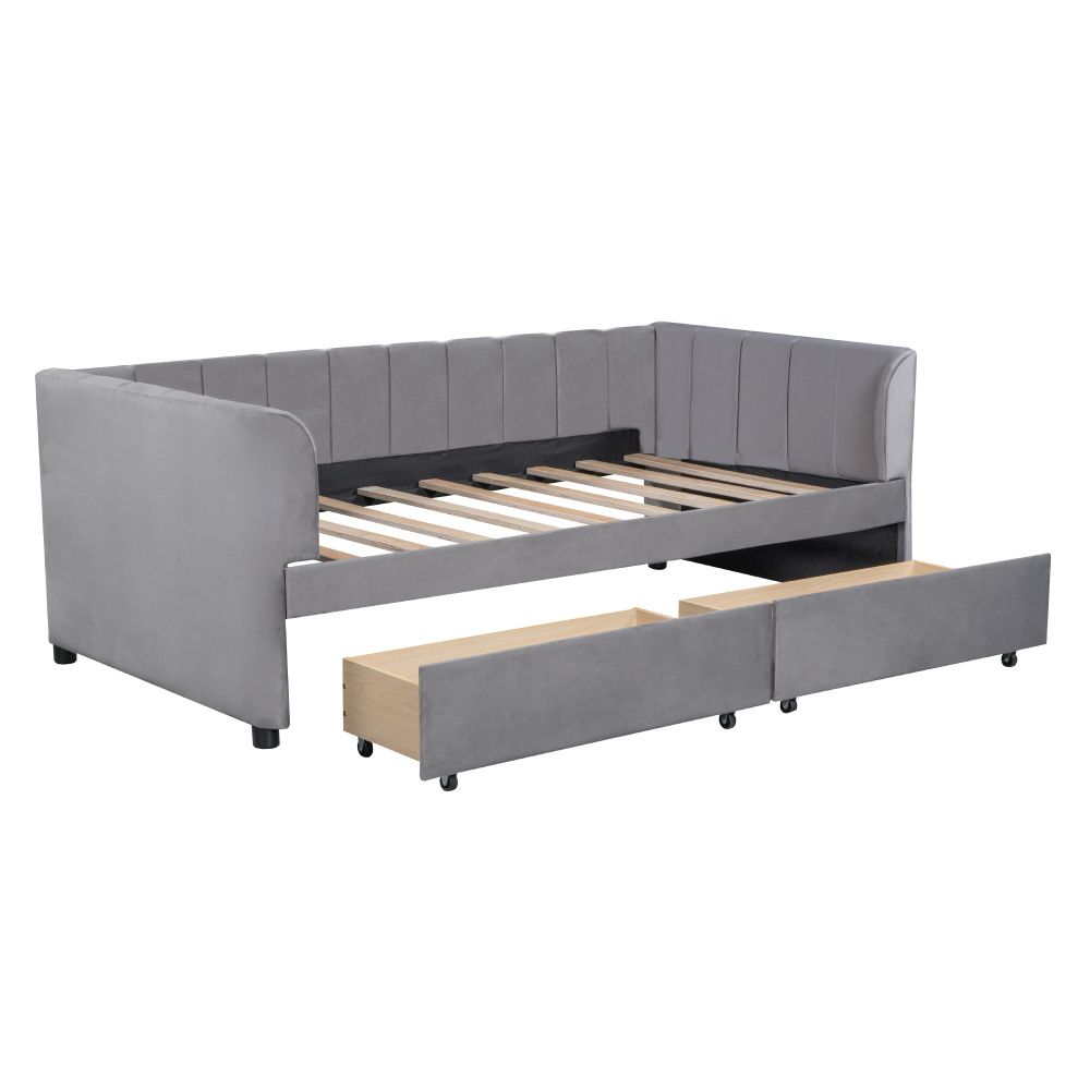 Twin Size Upholstered Daybed with Ergonomic Design Backrest and 2 Drawers, Gray, Options: Gray+Velvet11