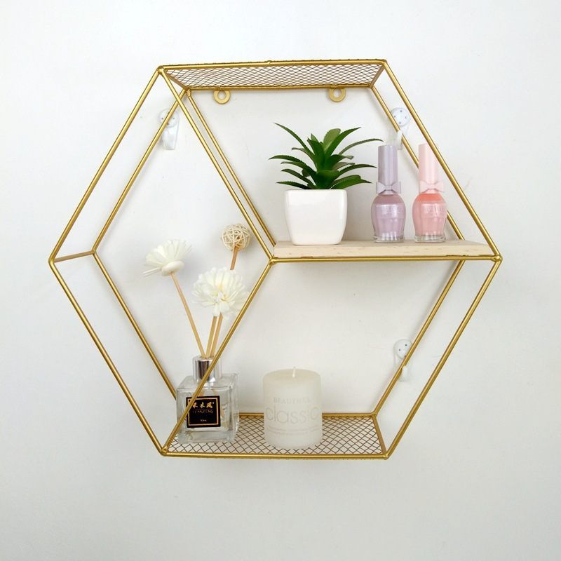 Wall-hung Type Iron Art Wall Shelf Home Living Room Wall Art Display Storage Rack Industrial Style Decoration, Color: Gold
