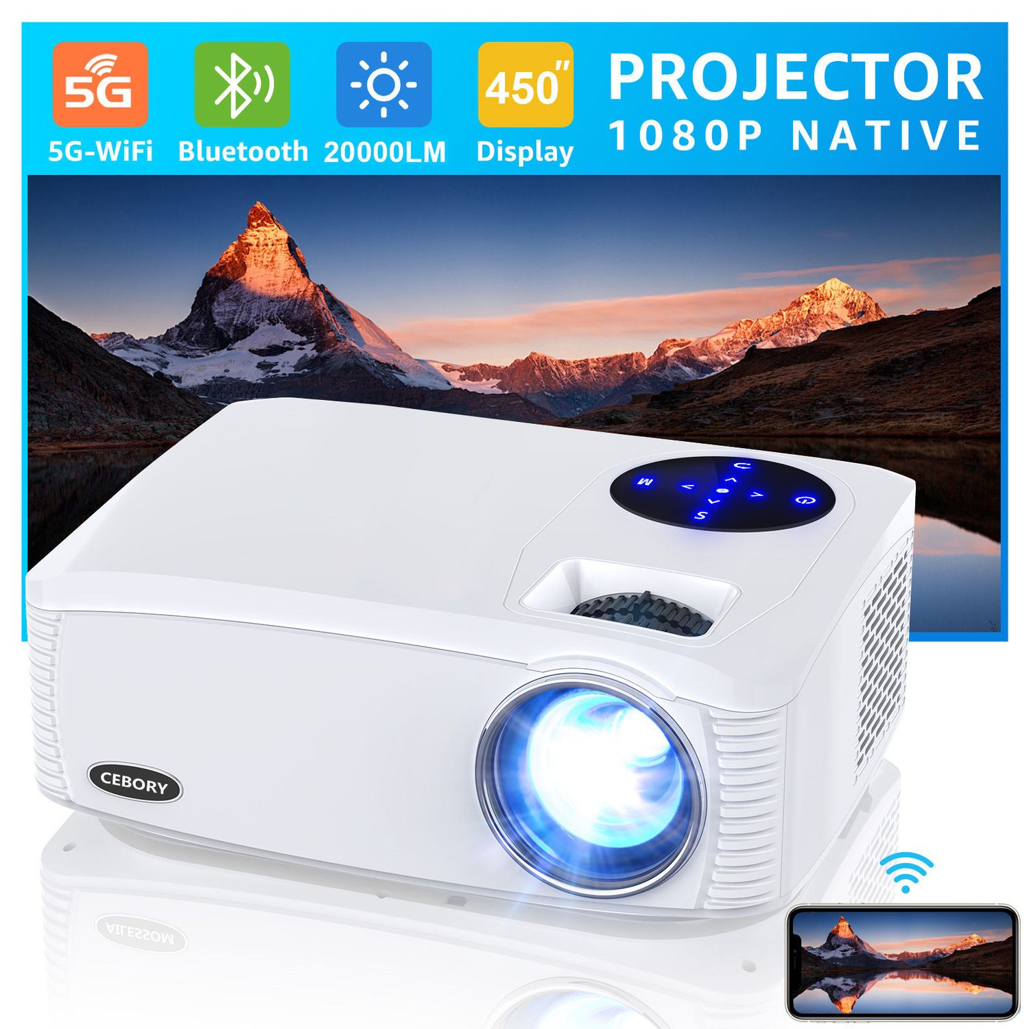 5G WiFi Bluetooth Native 1080P Projector - 20000LM High Brightness 4K Support for Home Theater &amp; Business