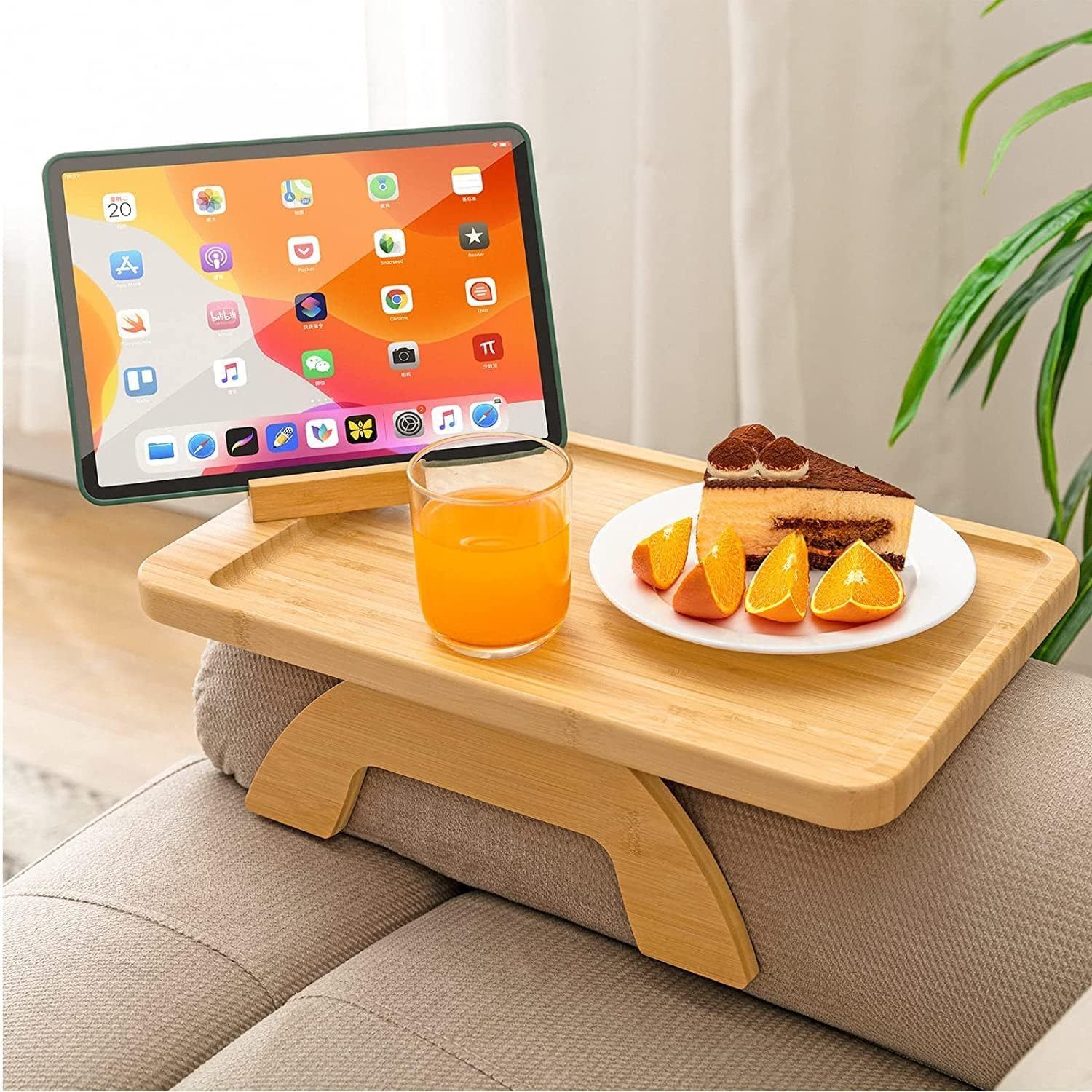 Bamboo Sofa Clip on Side Table for Wide Couches Arm, Foldable Couch Tray with 360° Rotating Phone Holder, Armrest Table for Eating/Drinks/Snacks/Remote/Control, Color: Natural