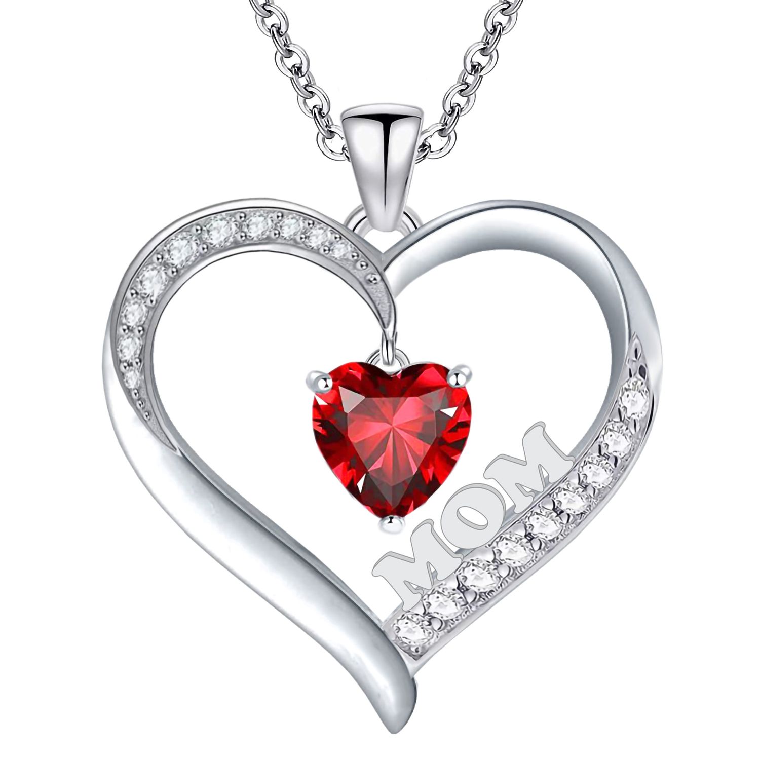Emma Manor 14k White Gold Plated 5A Cubic Zirconia Heart Pendant Necklace for Women, Color: Red