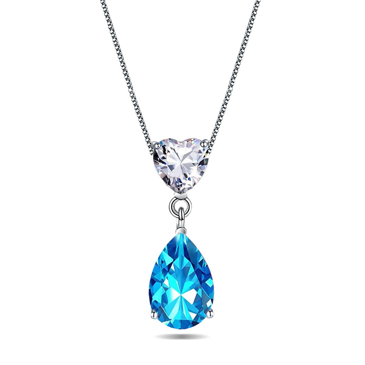 Emma Manor 925 Sterling Silver 3 Prong Pear Shape Cubic Zirconia Heart Pendant Necklace for Women,18&amp;quot; Silver Chain with Gift Box, Color: Sea blue