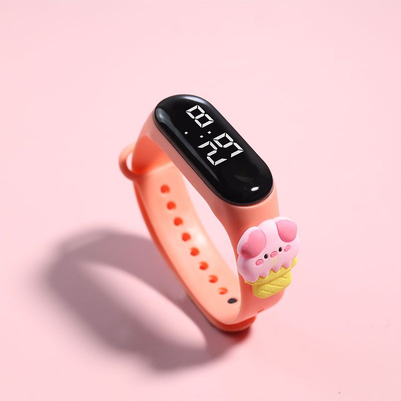 LED Electronic Watch Cute Ice Cream Student Swimming Simple Watch Waterproof, Color: Light pink cone piggy