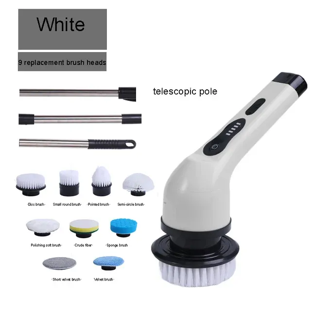 Multi-functional electric cleaning brush automatic rotating telescopic rod wireless hand-held scrubbing equipment cleaning tool, Color: WHITE