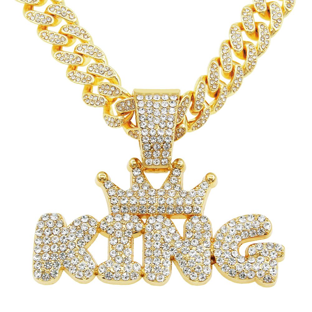 Men King Letter Pendant with Cuban Chain, Color: Gold (crown letters)-with 5525 50cm cuban chain