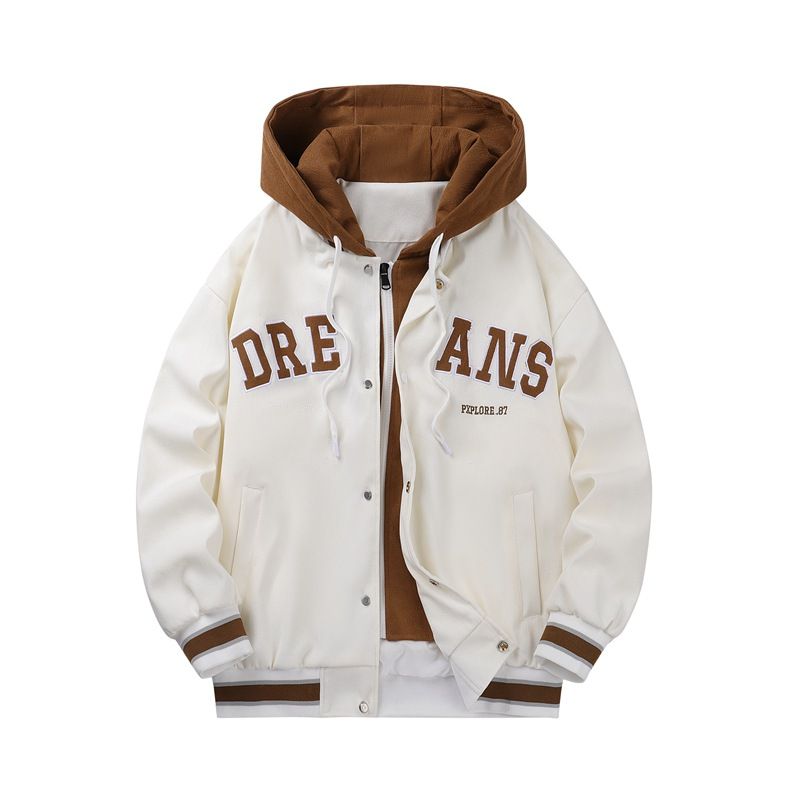 Men&#39;s Autumn Baseball Jacket - High-End Fake Two-Piece Hooded Couple Jacket, Color: 2208 white, Size: M