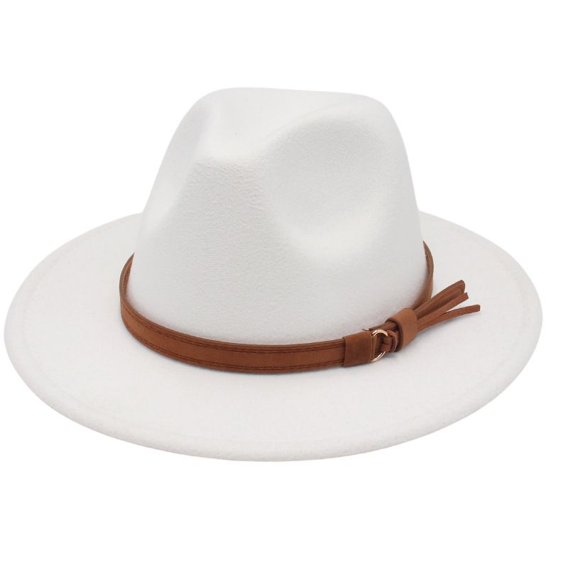 Large Brim Jazz Hat Denim Felt Hat Belt Accessories Men And Women, Color: White, Size: M (56- 58cm )