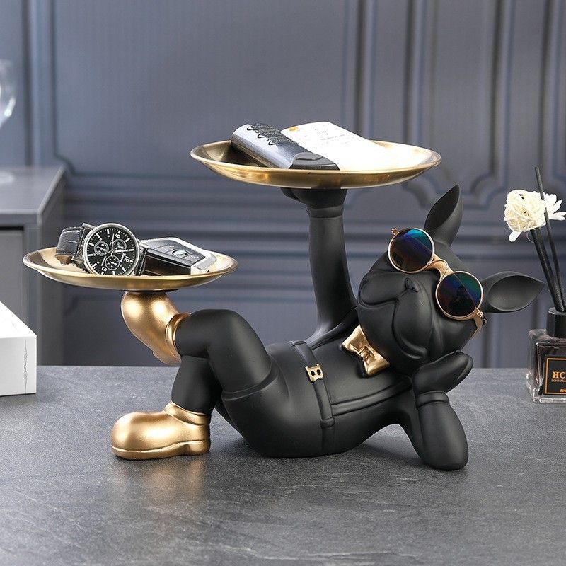 Bulldog Dog Storage Decoration Entrance Key Method Dogfighting Office Computer Desktop Fun Decoration Living Room Decoration, Color: Black dog double disk