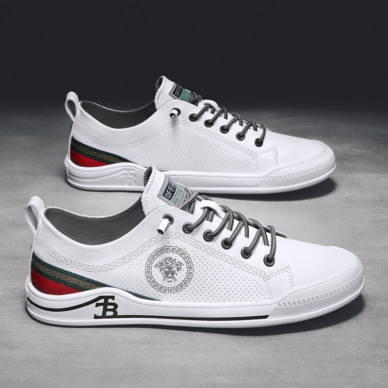European Style Men&#39;s Hollow Soft Leather Shoes - Summer British Trend All-Match Casual Sneakers, Size: 39, Color: White grey (dongdong)
