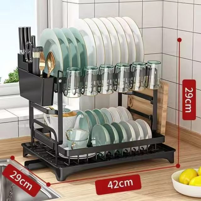Kitchen Drain Rack Bowl And Dish Rack Bowl And Dish Storage Rack Household Bowl And Chopsticks Knife And Forks Storage Rack Table Top Drying Bowl Shelf, Number of Layers (Specifications): Black [fully equipped]