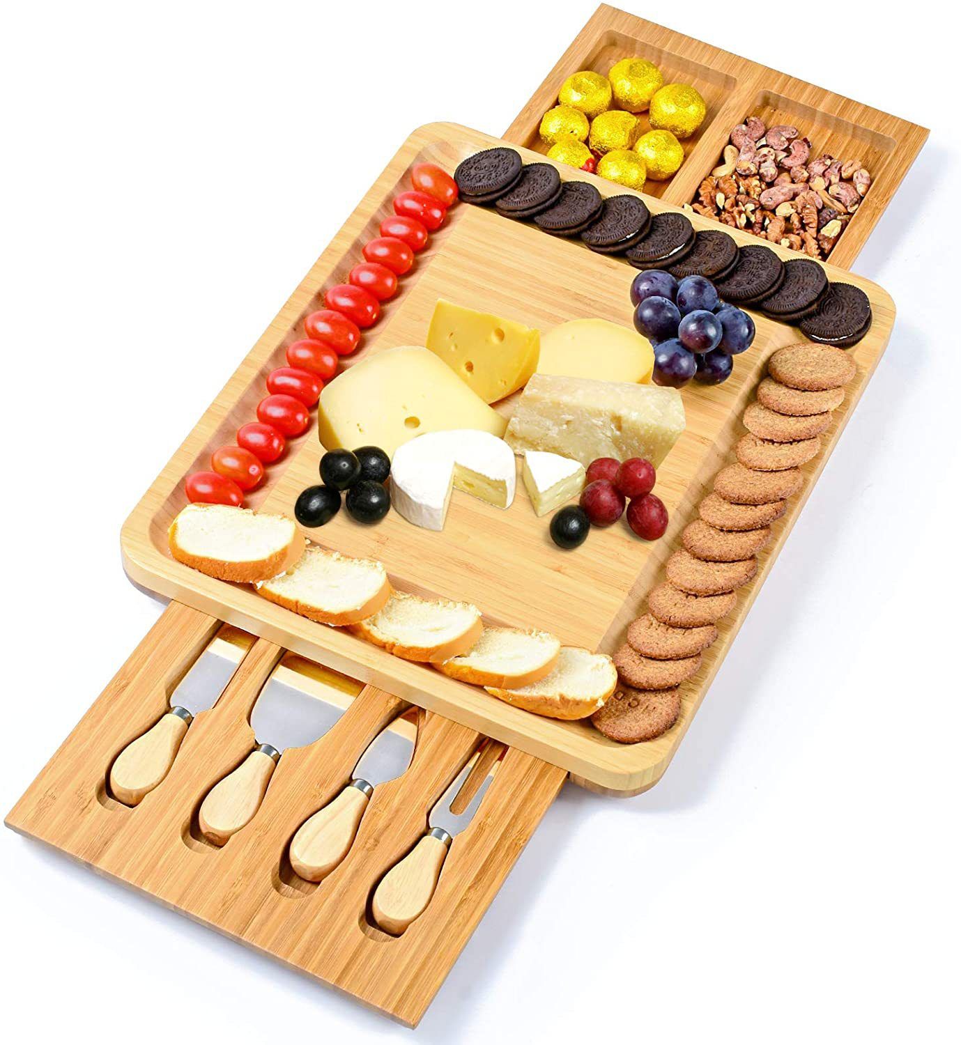Natural Bamboo Cheese Board And Cutter Suit With Cheese Tool Cheese Plate Cheese Board Chopping Board With Four Knives, Specifications: 39*33*3.8, Shape: Square
