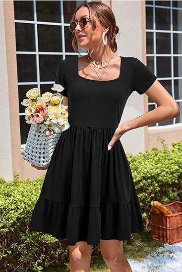 Women&#39;s Summer Short Sleeve Square Neck Dress - Casual A-Line Pleated Tank Top for Beach Vacation, Color: Black, Size: S