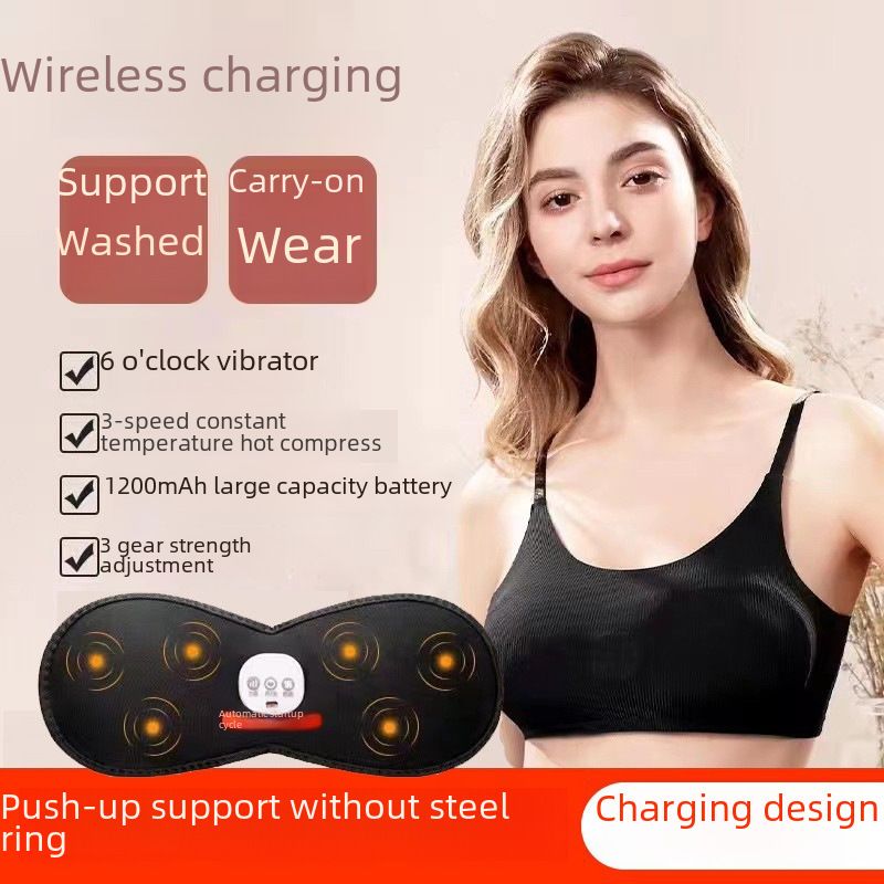 Electric Intelligent Constant Temperature Vibration Breast Massager Bra Underwear Massage Device Chest Warmer, Color: Black + ice silk can be detached and washed + three-speed adjustable + heating, Specification: English version