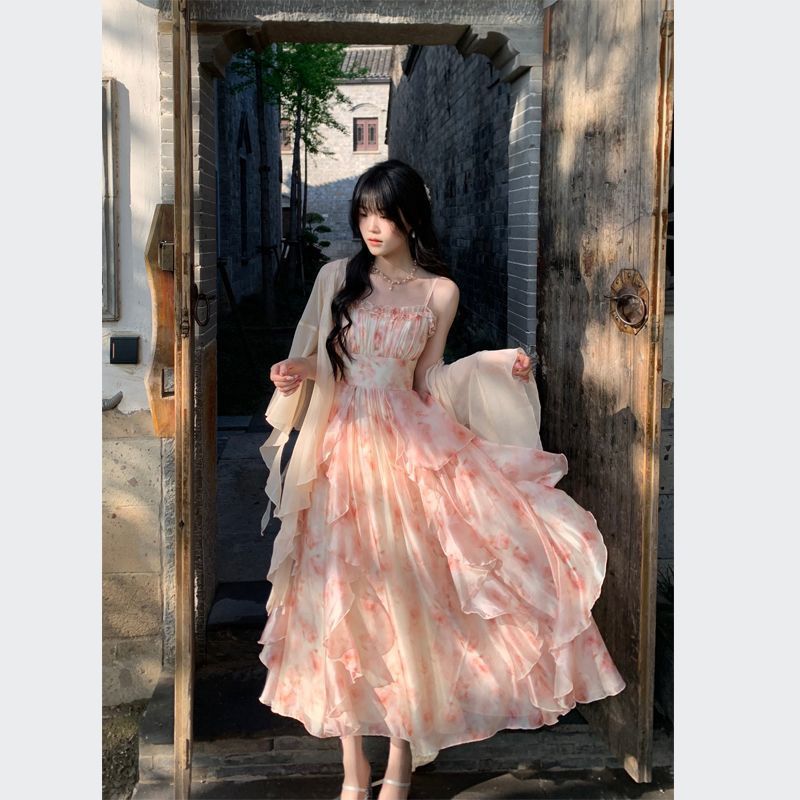 Temperament Heavy Industry Smudged Print Waist Slimming Ruffled Suspender Dress Women&amp;#039;s Summer + Fairy Cardigan Suit, Size: S, Color: Cardigan + suspender skirt [two-piece set]