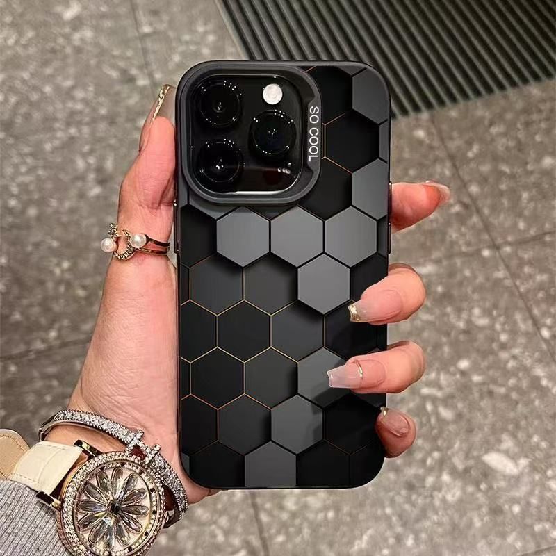 Three-Dimensional Honeycomb Mobile Phone Case for Apple iPhone Series, Applicable Model: Apple 16, Color: Colored silver shell-black-three-dimensional beehive