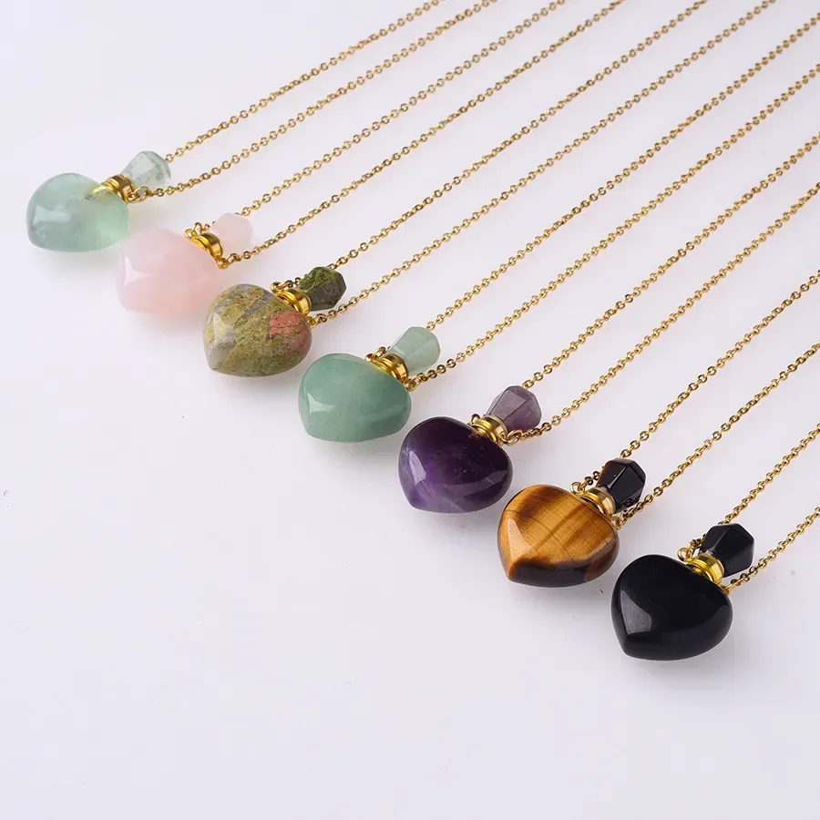 Natural Stone Perfume Necklace Healing Heart Crystal Pendant Reiki Essential Oil Diffuser Bottle Charm Necklaces Women