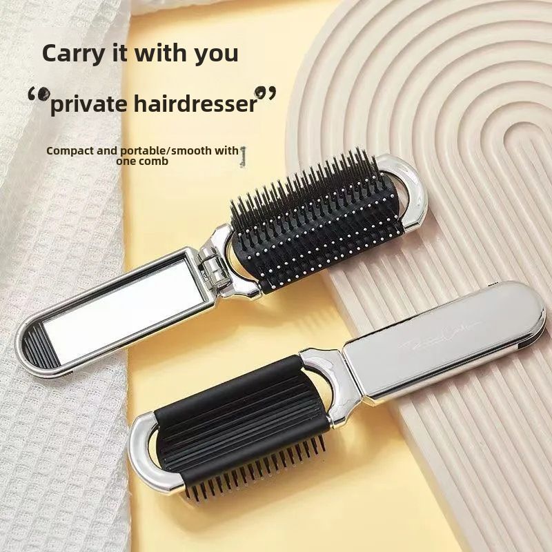 Cute Folding Household Mini Lady Portable Dual-Use Air Cushion Comb, sort by color: Electroplating silver mirror comb (can be extracted)