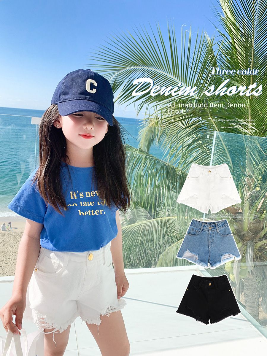 Girls Spring And Summer Washed Jeans Shorts Thin All-match Mid-waist Pants Girls Hot Pants, Suitable for height: 110cm, Color: Classic black