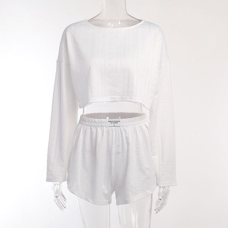 Women&amp;#039;s Casual Suit Hollow-out Fashion Simple Loose Pullover Long Sleeve Top Shorts, Color: White, Size: S