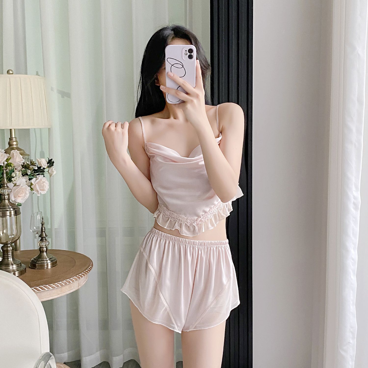Summer New Silk Sling Shorts Cool And Comfortable Pajamas Suit With Chest Pad Sling Home Clothes Pajamas, Color: Pink (sling shorts), Size: M