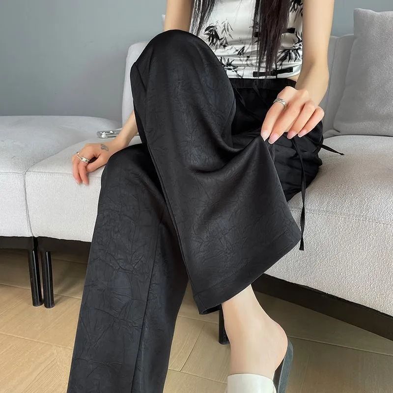 Thin Acetic Acid Satin Jacquard Wide Leg Casual Pants for Women, Size: M, Color: black