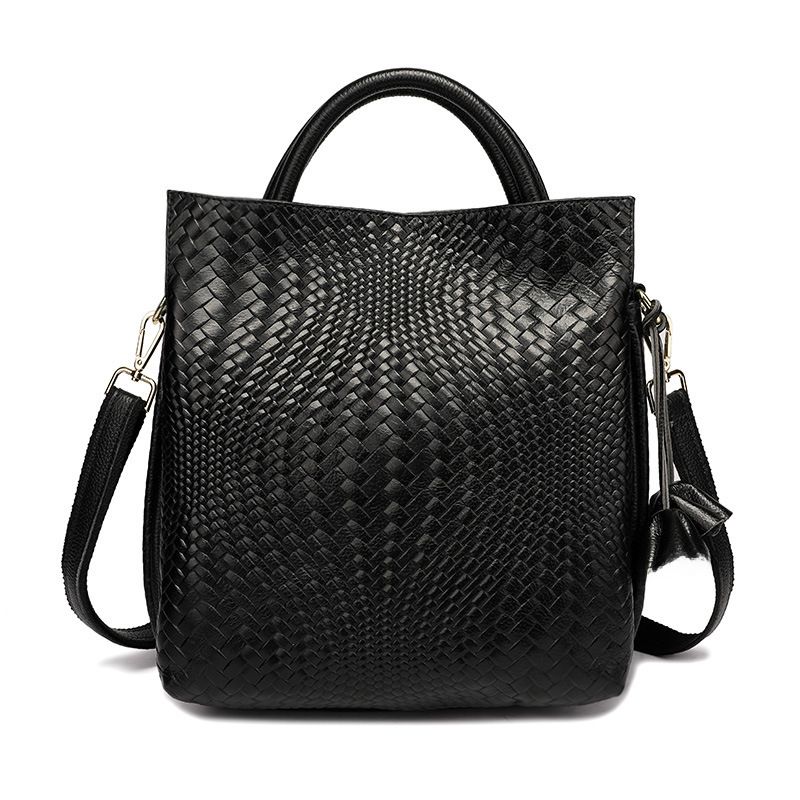 Genuine Leather Women&#39;s Handbag - New Arrival Large Capacity Elegant Woven Pattern Shoulder Bag, Color: Large black size (one flower woven pattern)