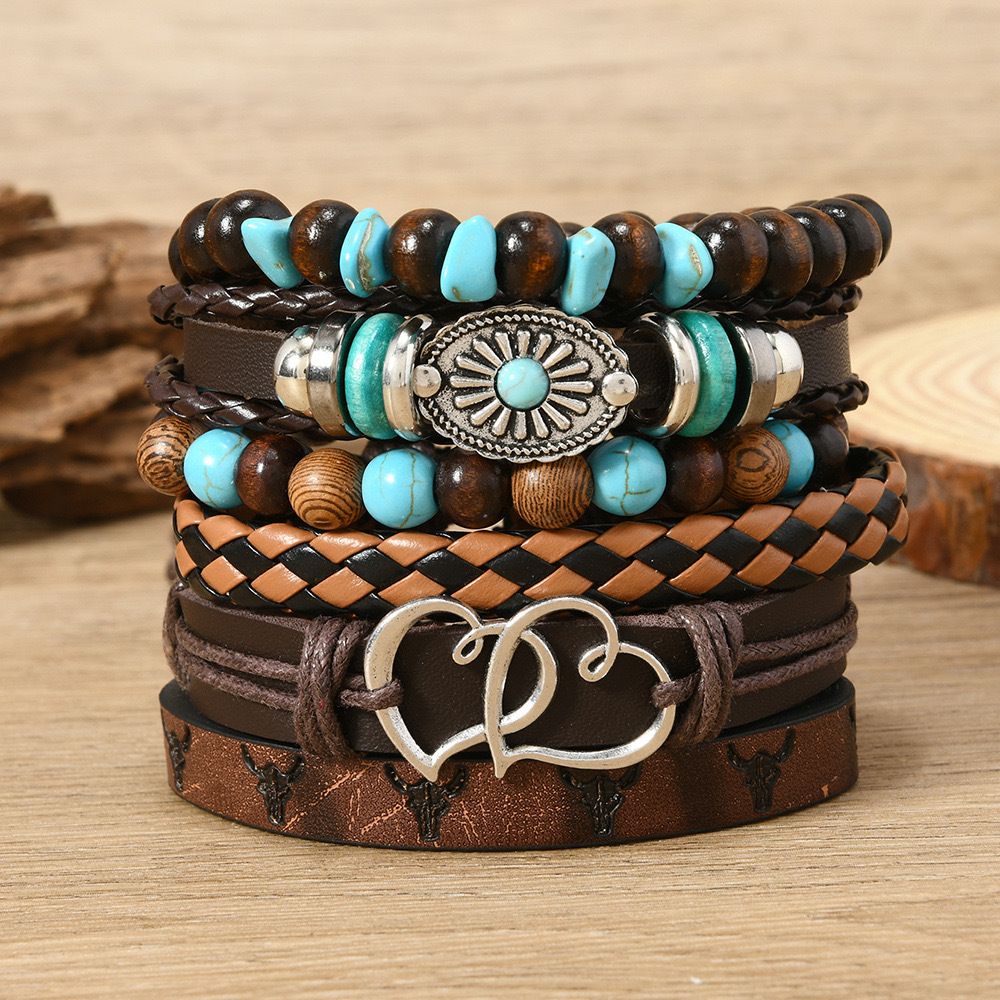 Hand-Woven Vintage Wood Bead Bracelet Set - Multi-Layer Flower &amp; Peacock Feather Design (24 Pieces), Color: Peach Heart Six-Piece Set