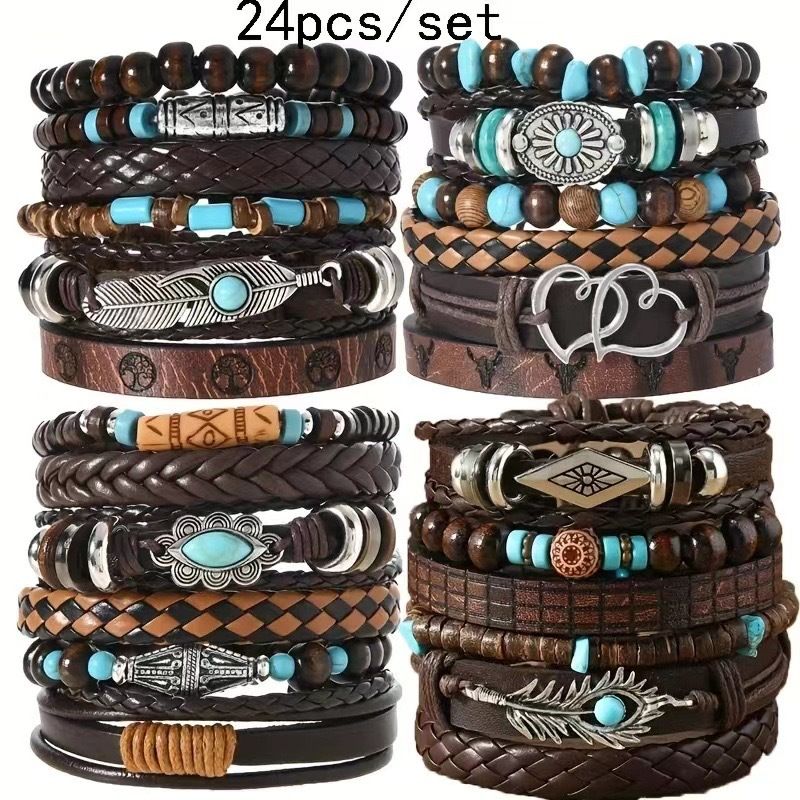 Hand-Woven Vintage Wood Bead Bracelet Set - Multi-Layer Flower &amp; Peacock Feather Design (24 Pieces)