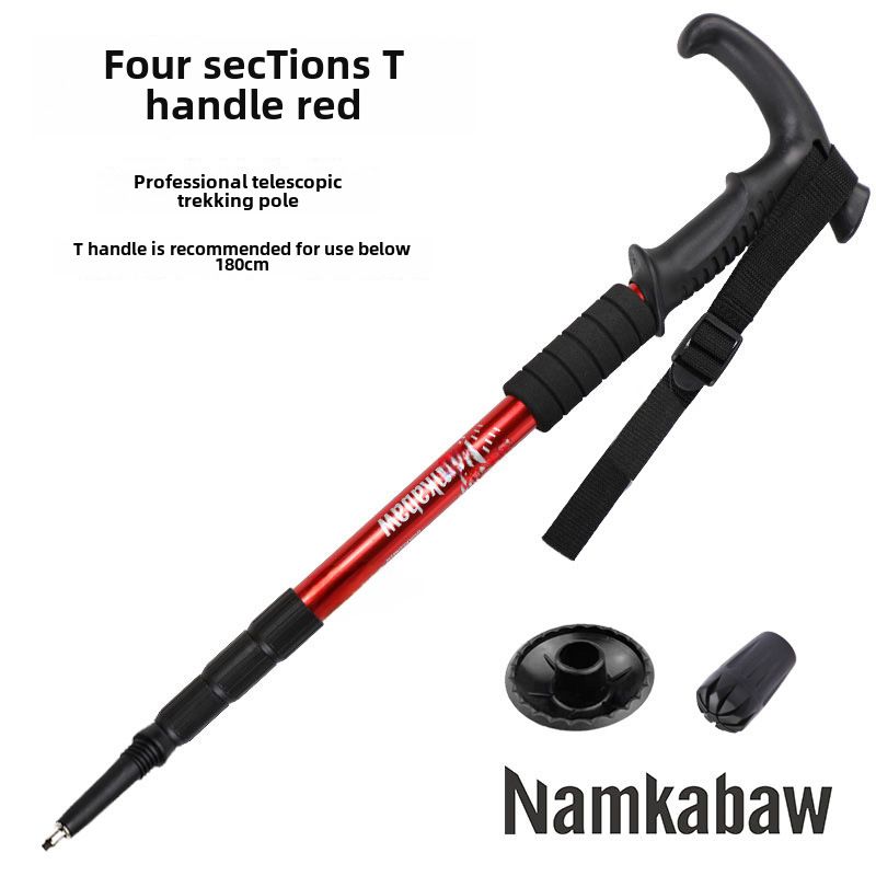 Elderly-Friendly Mountain Climbing Cane, Color: Four-section curved handle red