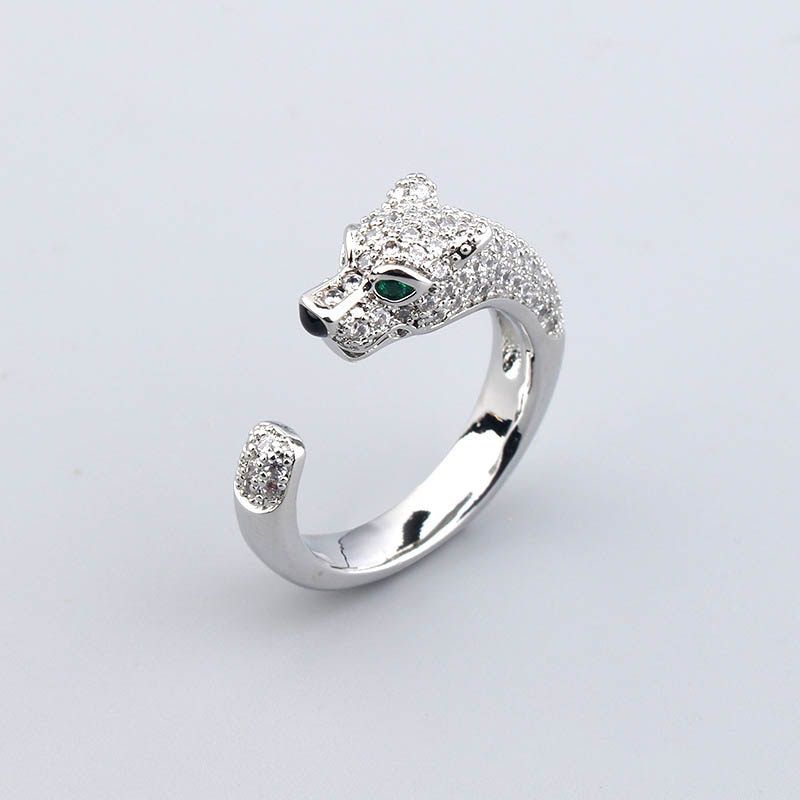 Zircon Green Eye Leopard Bracelet and Ring Duo, Color: Ring-Platinum