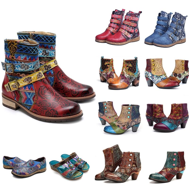 Vintage Splicing Printed Ankle Boots For Women Shoes Female PU Leather Retro Block High Heels Bohemian Ladies Winter Short Boots|Ankle Boots|   -