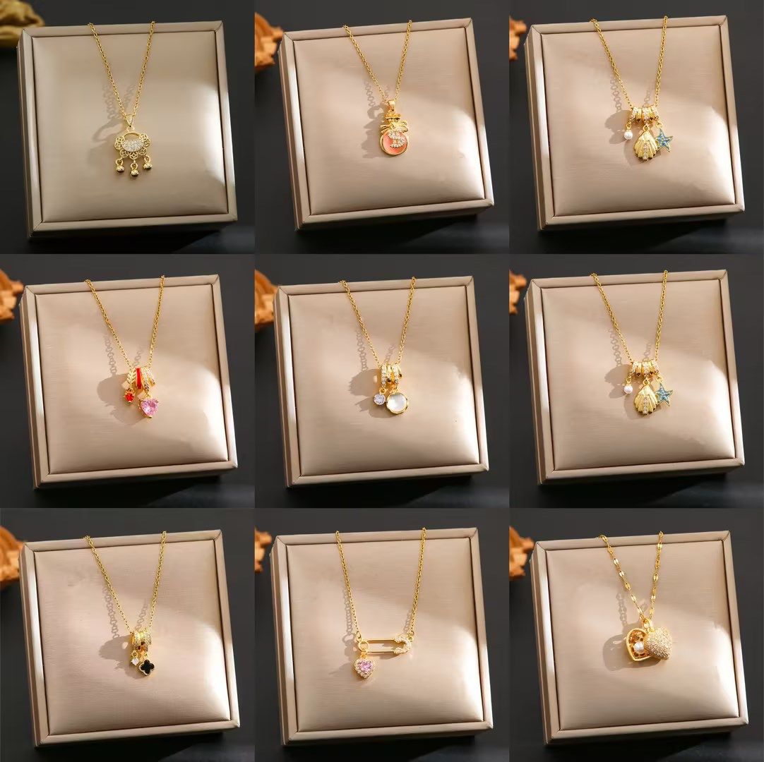 Internet Celebrity Fashion Hot Selling Titanium Steel Necklace Women Zircon Copper Plated 18K True Gold Pendant Color-free Clavicle Chain Jewelry