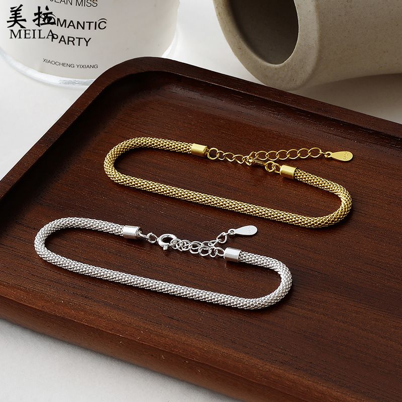 Sterling Silver Sparkling Cylinder Mesh Bracelet Women Light Luxury Ins Niche Simple Italian Plain Chain Bracelet
