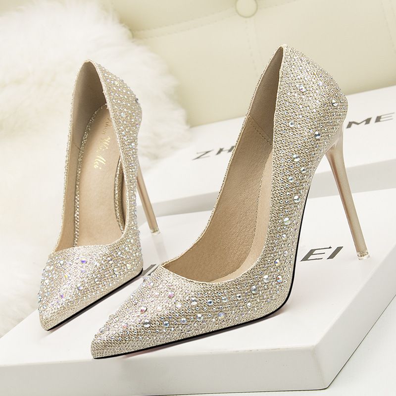 Elegant Thin Heel High Heel Shallow Mouth Thin Pointed Colored Diamond Rhinestone Wedding Shoes