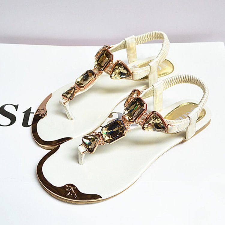 Sandals Women 2022 New Summer Sandals Women Shoes Casual Elastic Band Crytal Flat Sandals Light Wearproof Nonslip Women Sandals, Size: 35, Color: White