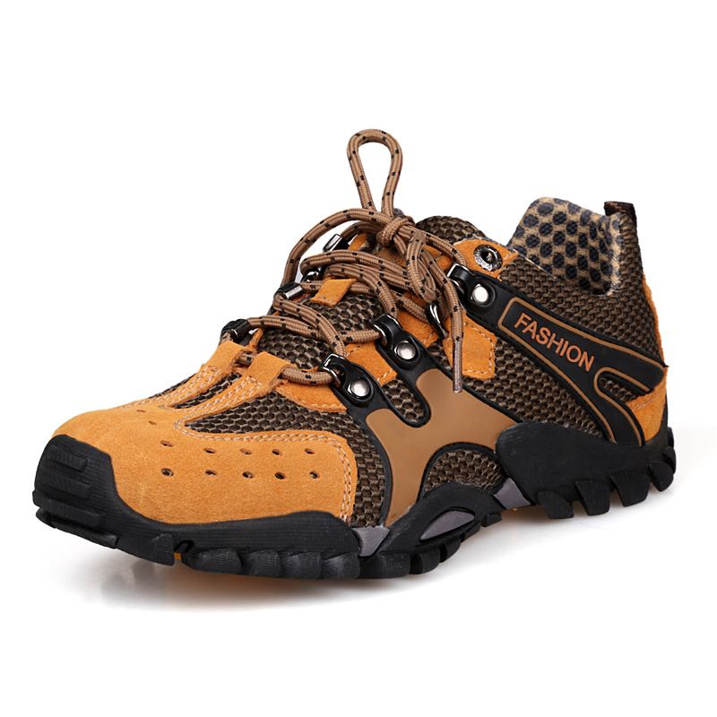 Casual Sports Shoes Outdoor Hiking Hiking Shoes Leather Mesh Breathable Men, Size: 38: standard leather shoe size, Color: Golden yellow