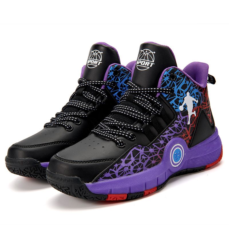 Boys Shoes Middle And Big Boys Basketball Shoes Spring And Autumn, Size: 30, Color: Black purple leather