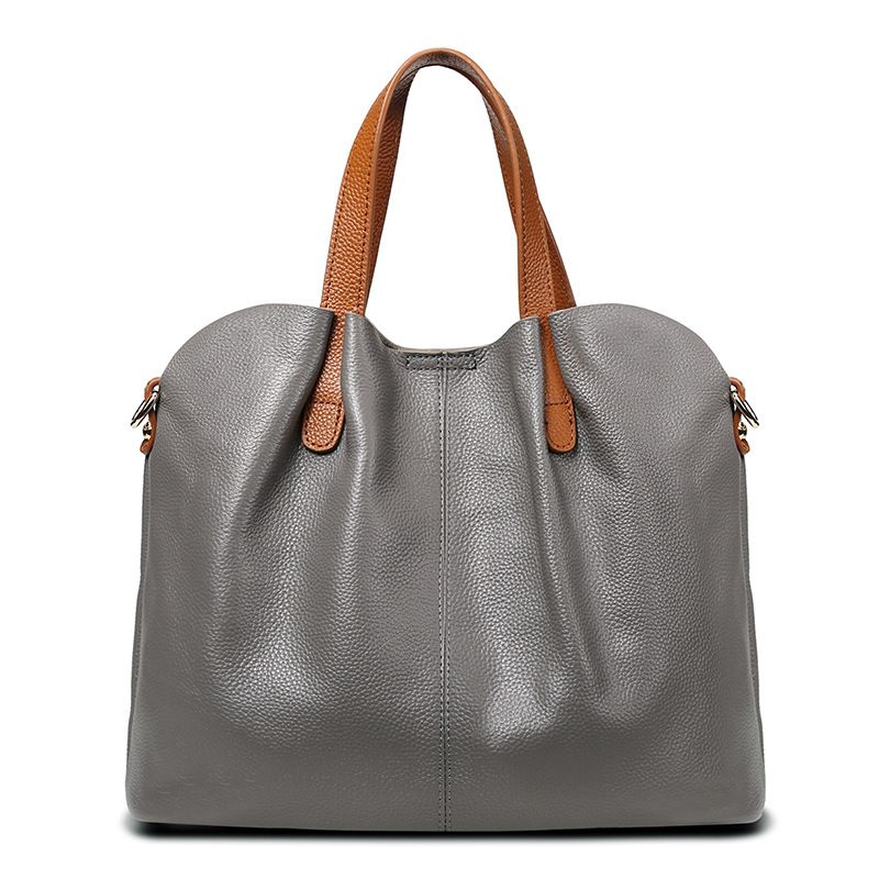 Bags Fashion Contrast Color First Layer Cowhide Mother-in-law Bag Large Bag Shoulder Messenger Handbag, Color: Gray (spot in seconds)