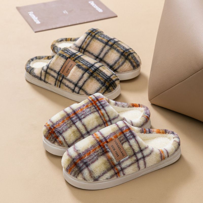 Shoes Retro Plaid Cotton Slippers For Women Autumn