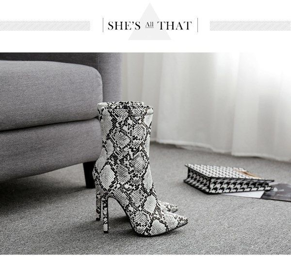 Boots For Women Snake Print Stiletto Pointed Toe Short Boots High Heels Boots, Size: 38, Color: Black
