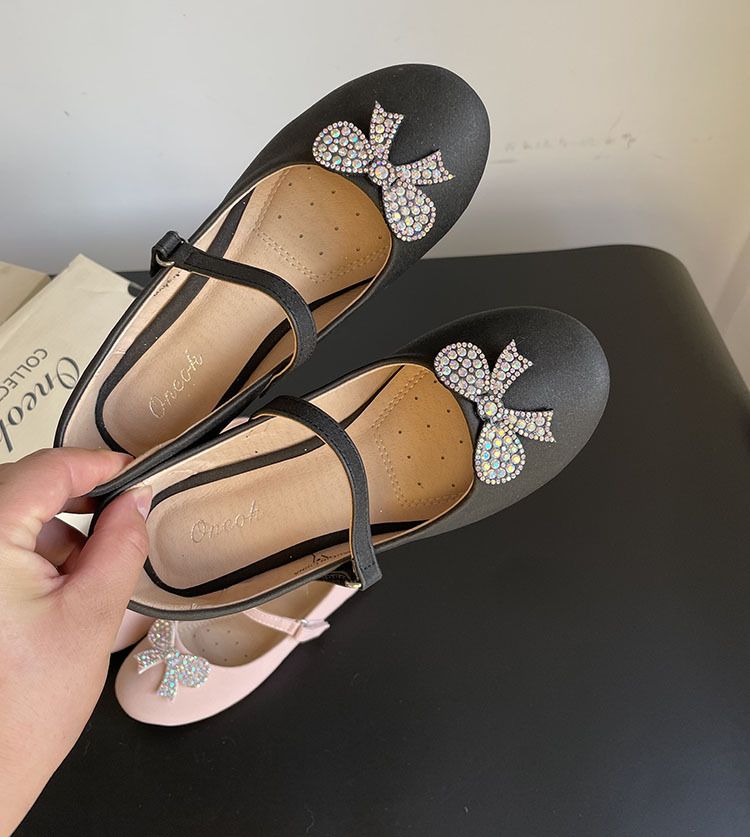 New Bowknot Princess Shoes Flat Bottom Shallow Mouth Elastic kids, Size: 25(inner length 15cm)-1, Color: Black-1-1