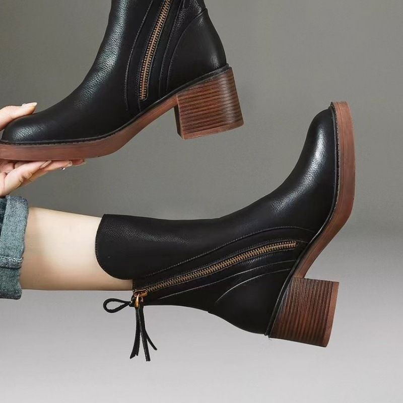 Autumn Thick With Brown Short Boots Female British Wind Side Zipper High Heel, Size: 34, Color: Black