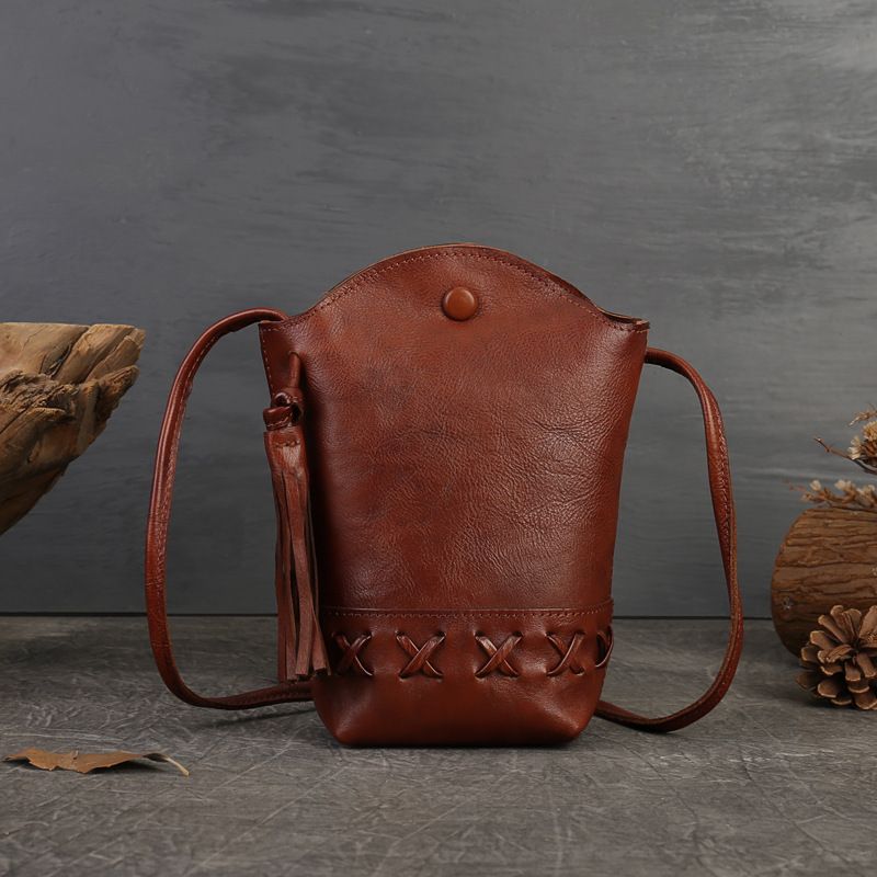 New Genuine Leather Women Bag Retro First-Layer Cowhide Woven Mobile Phone Bag, Color: brown