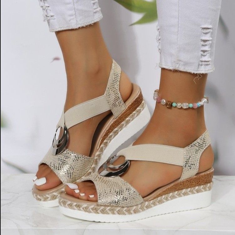 Sandals Metal Buckle Decorative Hemp Rope Wedge Light Bottom Fish-toe Sandals, Color: Golden leather bottom, Size: 36