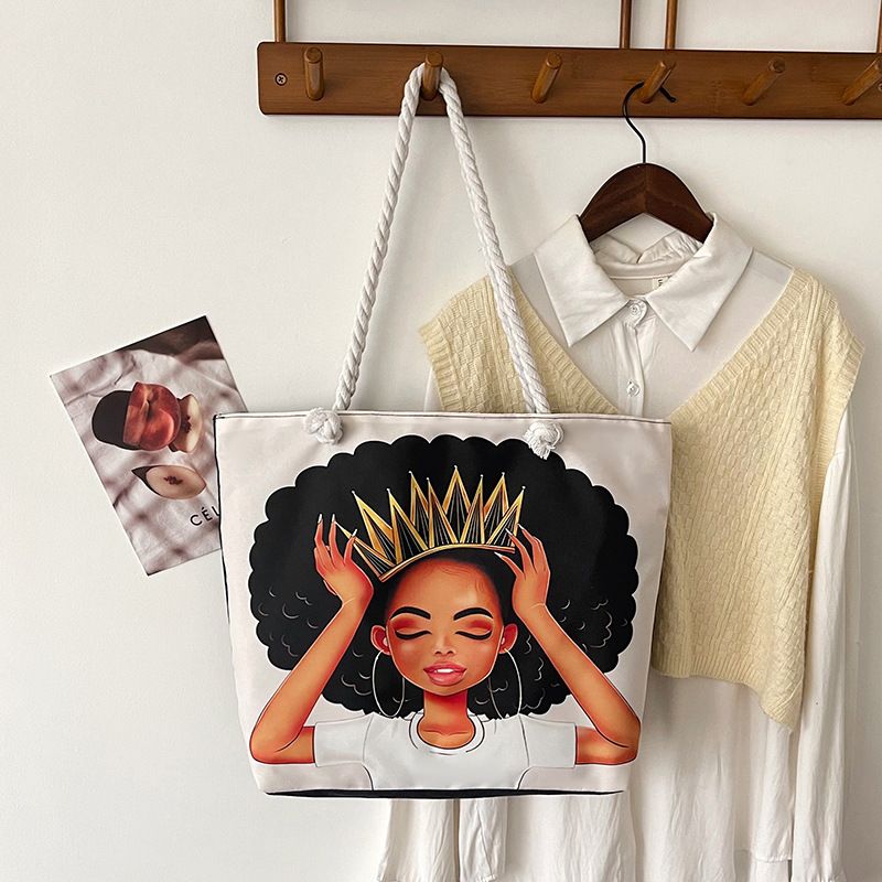 2026 Classic Outdoor Practical All-match Retro Canvas Bag Cartoon Printed Portable Beach Bag Large Capacity, Color: Figure 1