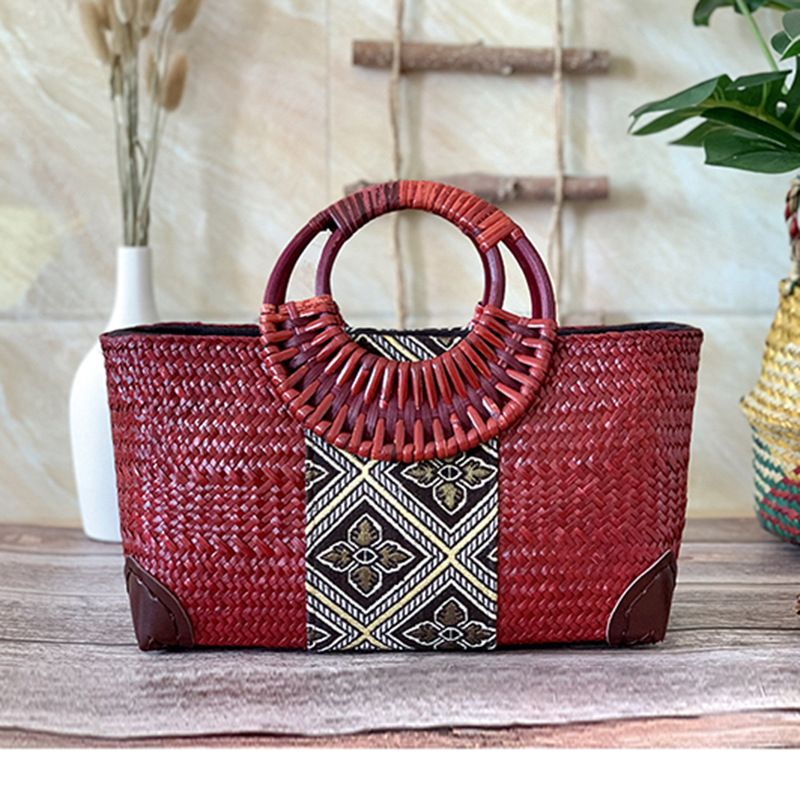 New Straw Woven Bag Retro Handmade Handbag Rattan Grass Woven Bag Vacation Beach Bag, Color: Dark red, Size: Small