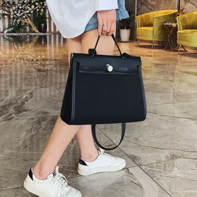 Fashion Kelly Bag 2026 New Canvas Female Bag Retro Briefcase Trendy Handbag Shoulder, Color: Black
