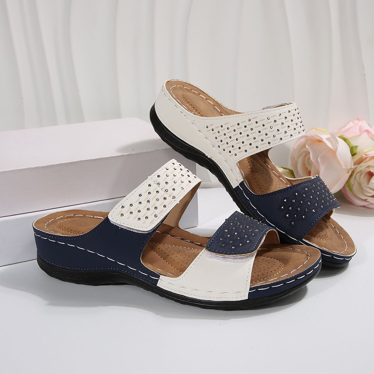 Thick Bottom Slippers Cross-border Plus Size One-word Thick Bottom, Size: 36, Color: Blue and white
