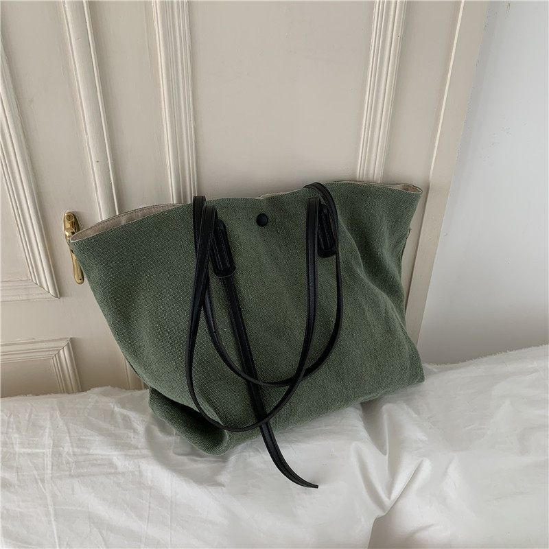 Large-capacity handbag cotton and linen shopping bag commuter bag, Color: Green