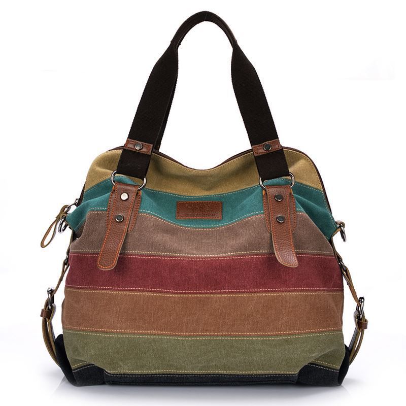2026 New Canvas Bag European And American Rainbow Striped Canvas Bag, Color: Picture color